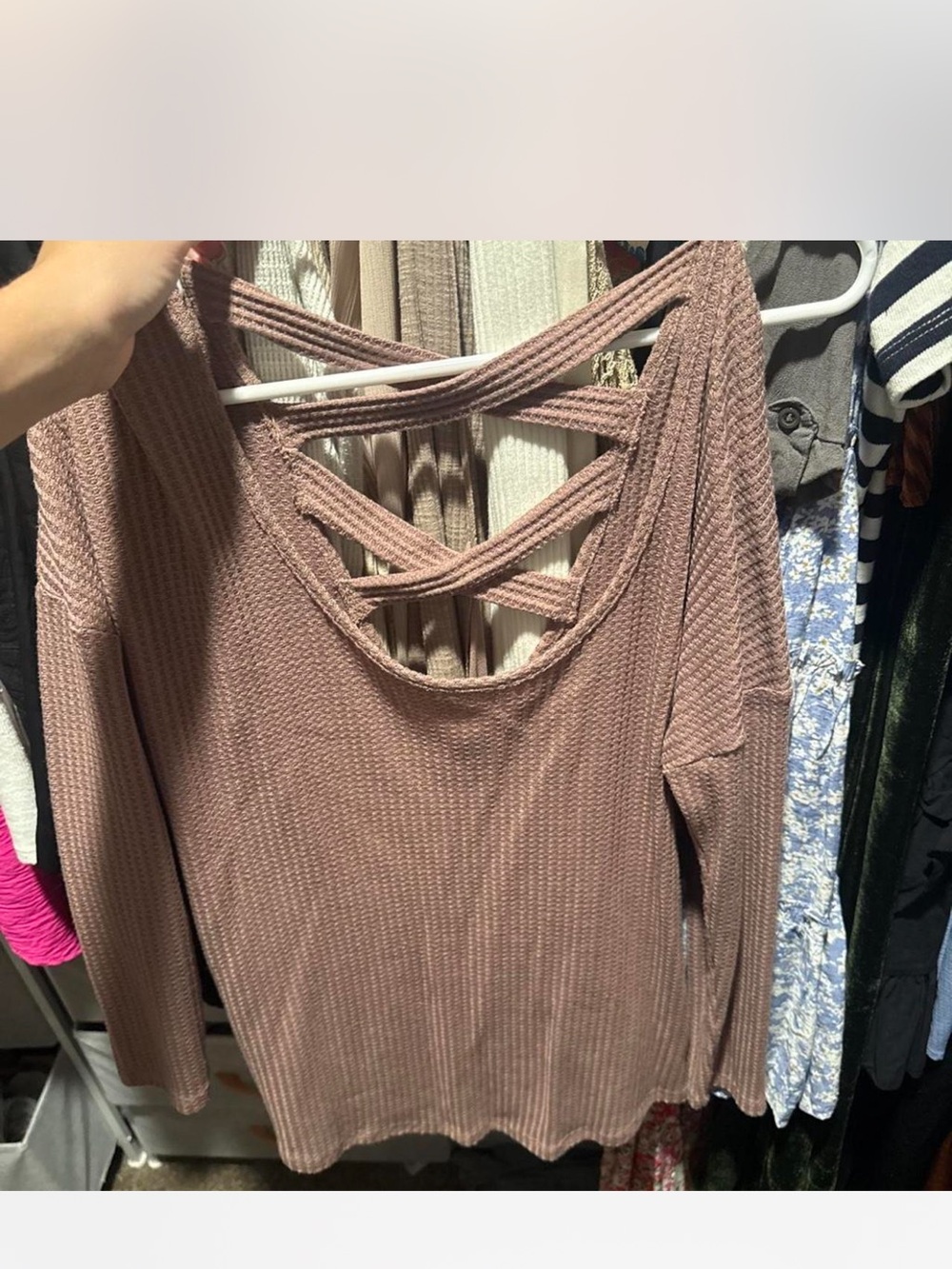 Charlotte Russe Mauve Ribbed Long Sleeve Top with Crisscross Back